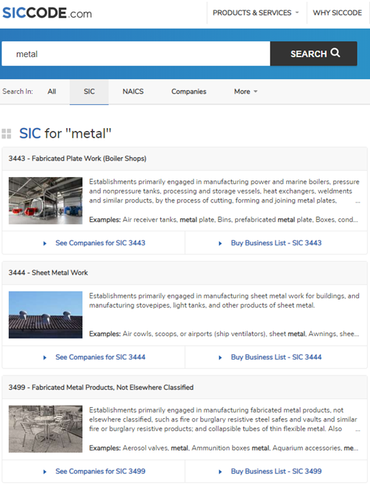 SIC Code search result for metal